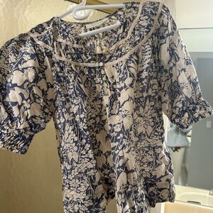 THE GREAT. Cream and Blue Patterned Top